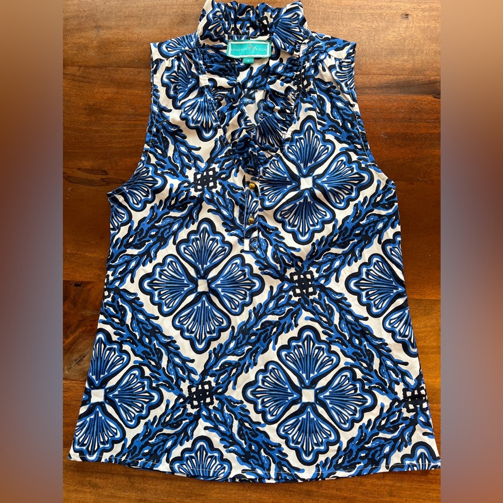 Southern Frock Ruffle Collar Blouse Women’s Size S Sleeveless Colorful Floral